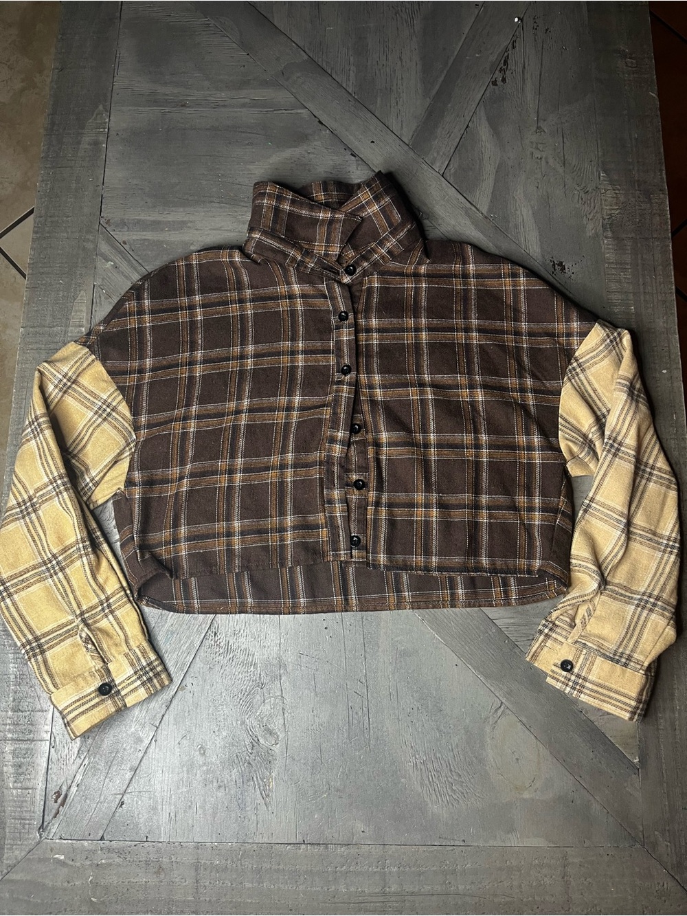 SHEIN Brown & Cream Plaid Cropped Button-Up Jacket